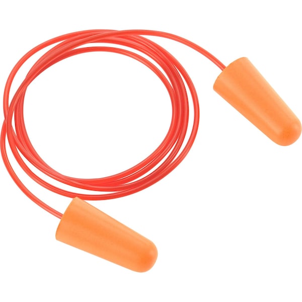 Polyurethane Disposable Earplugs, Corded, Tapered Shape, 32 dB, Orange, 100 PK